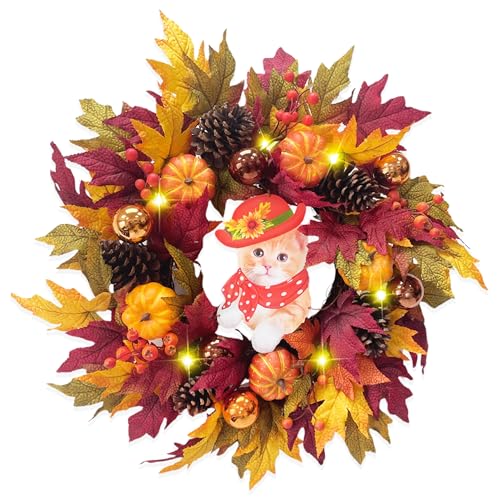 24" Fall Wreath with Pumpkins, Maple Leaves & Timer LED Lights O472