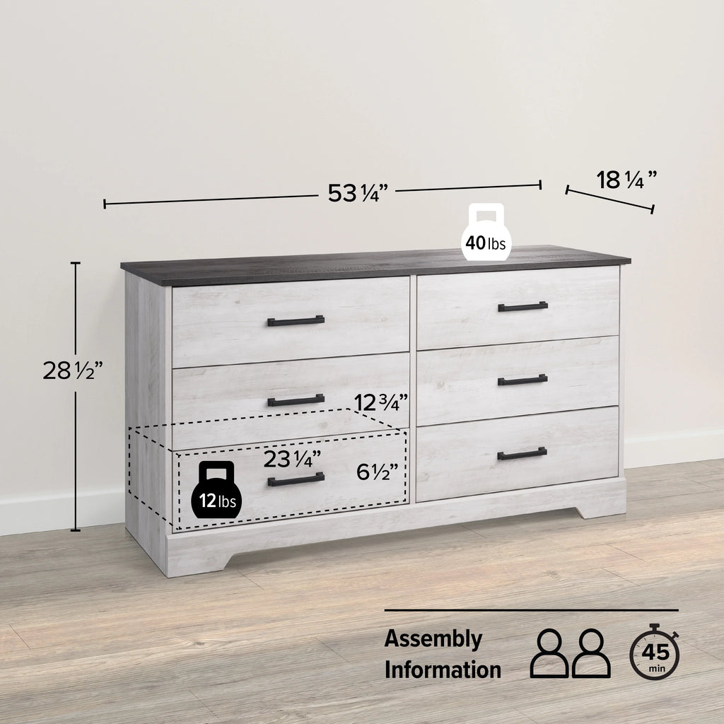 Washed White 6 Drawer Wood Dresser G36207