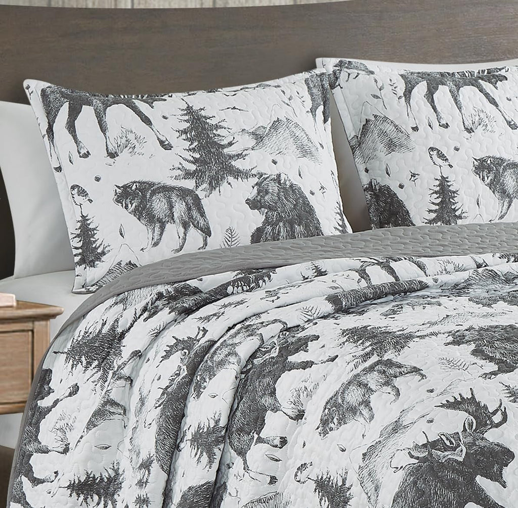 3-Piece King White Black Gray Microfiber Quilt Set D819