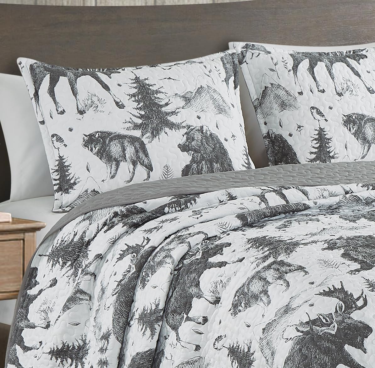 3-Piece King White Black Gray Microfiber Quilt Set D819