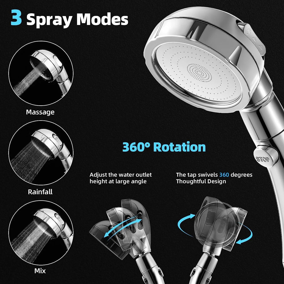 High Pressure 3-Settings Handheld Showerhead (Chrome) Q67393