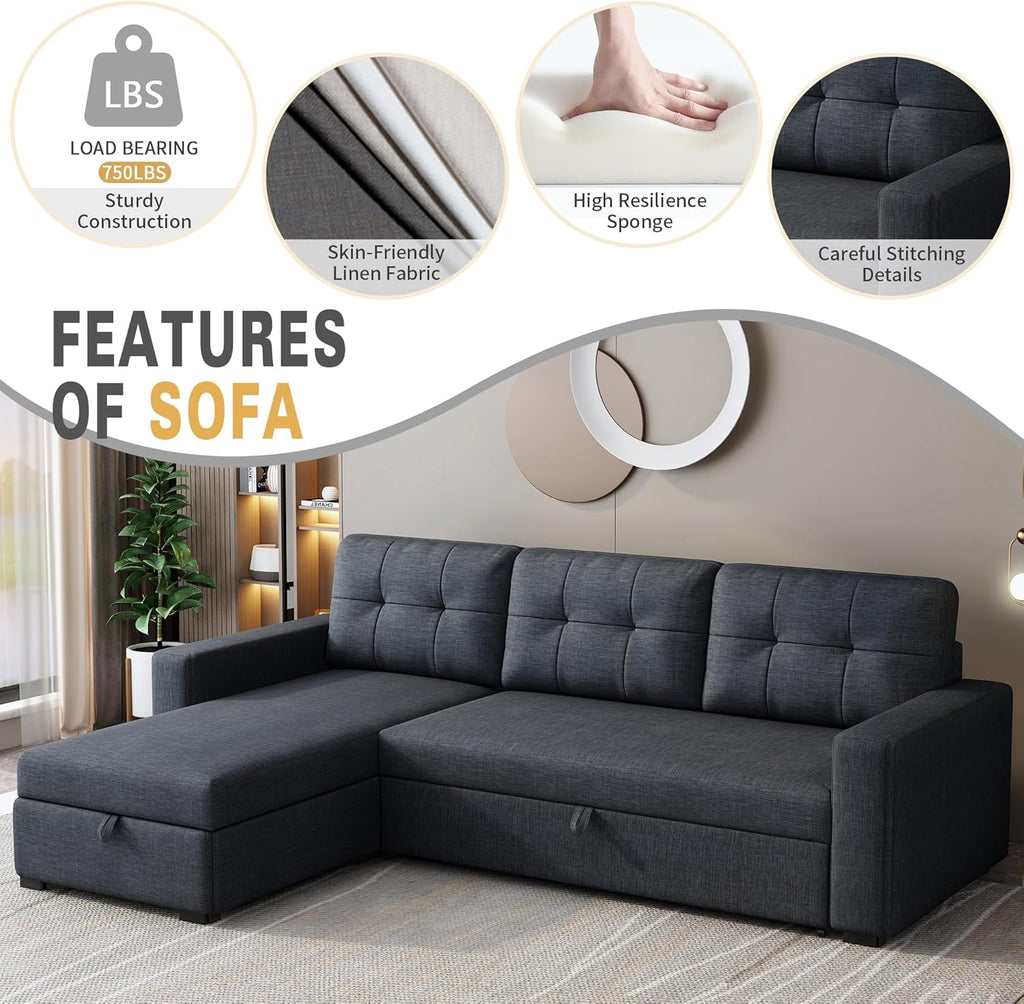 Dark Grey L Shaped Sleeper Sofa with Pull Out Bed and Storage R83659