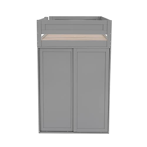 Full Size Gray Solid Wood Loft Bed with Wardrobe Desk and Shelves Q941714