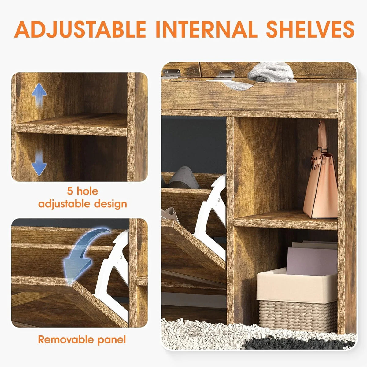Rustic Brown Shoe Storage Bench with Flip Drawer N13474