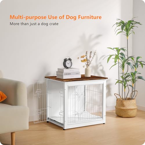 Dog Crate Furniture with Cushion, Wooden Kennel Table with Double Doors, Dark Gray I1682