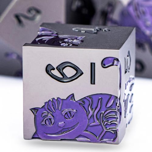 Metal DND Cat Dice 7PCS Polyhedral RPG Dice Set (Purple Yellow) V19777