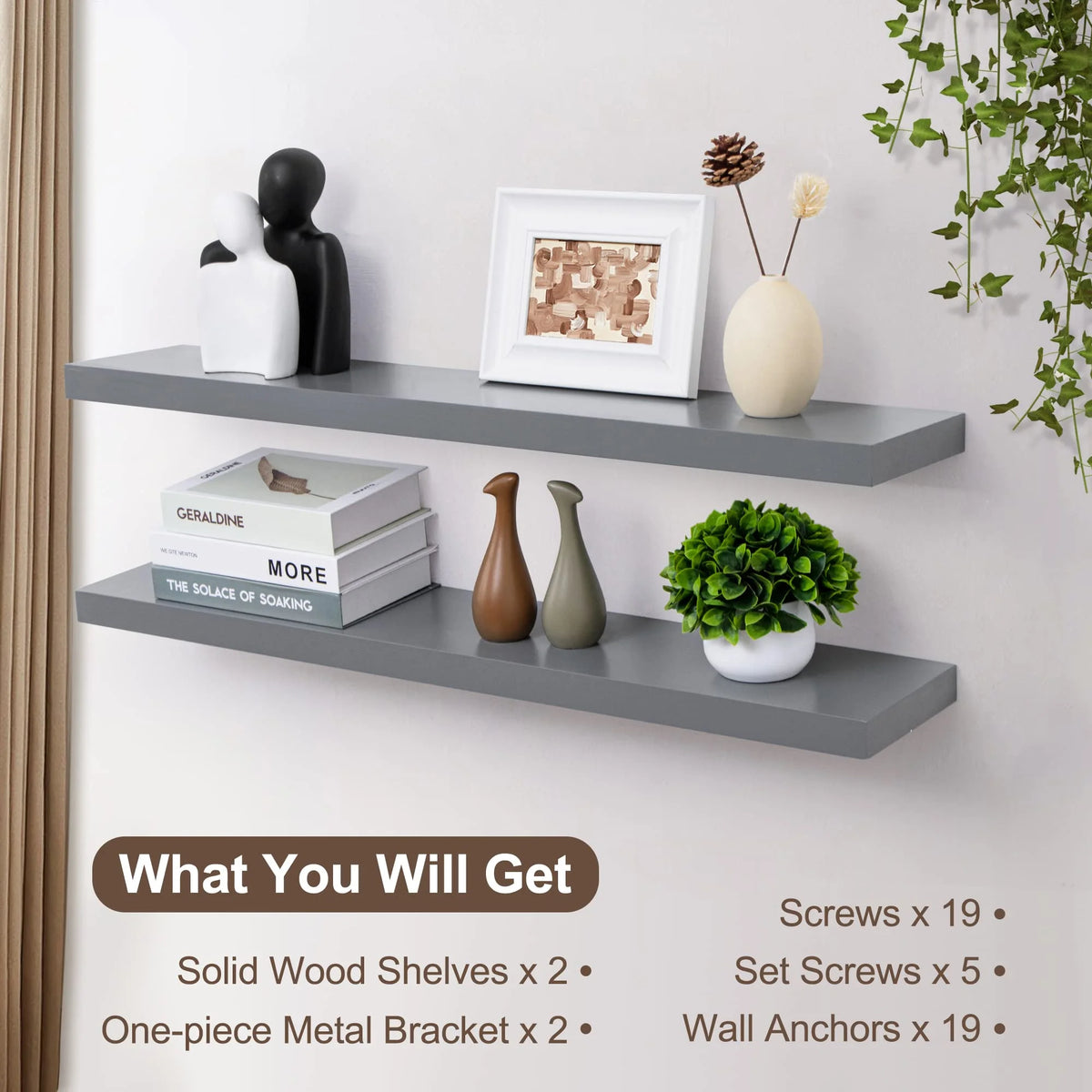 36 Inch Solid Wood Wall Shelves Set of 2 N38833