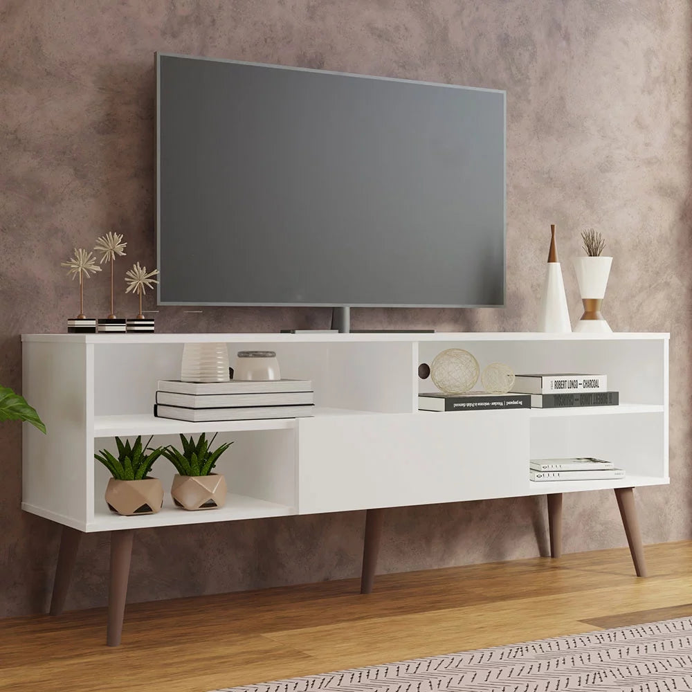 Modern Black Wood TV Stand with 1 Door and 4 Shelves R6862