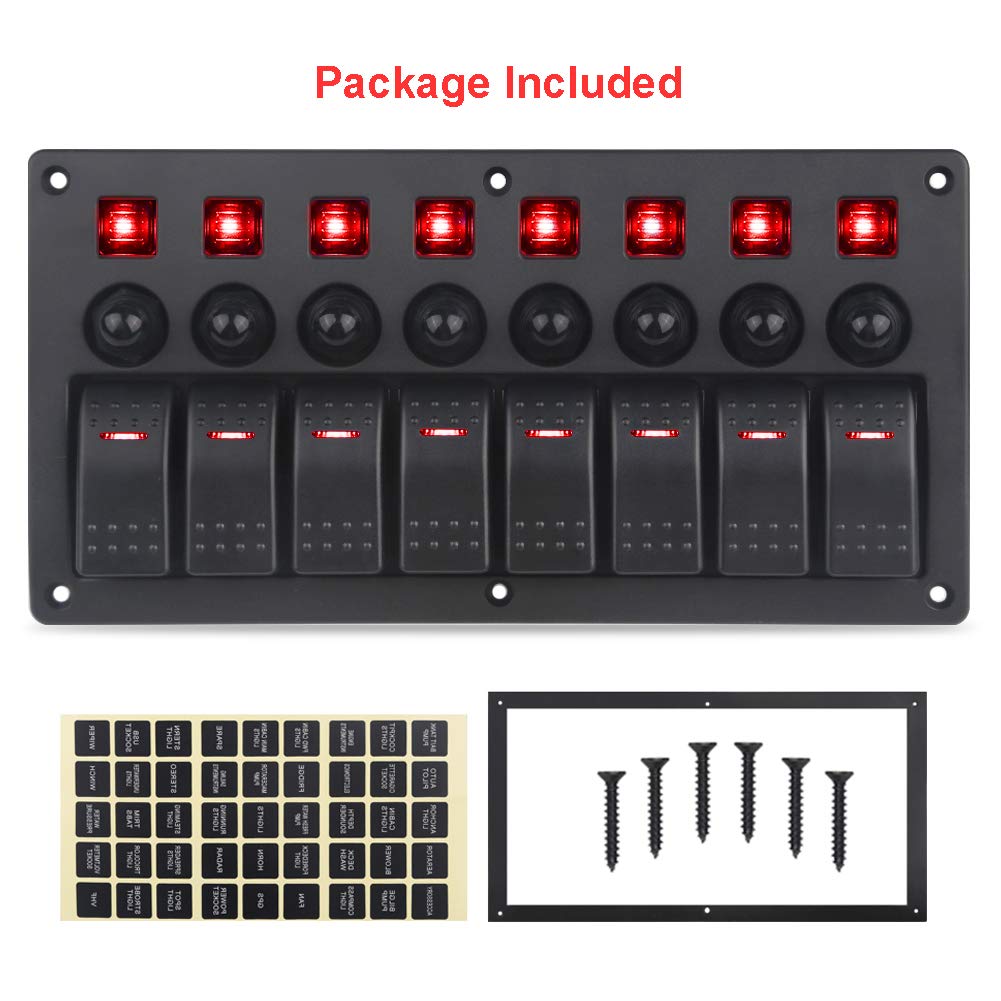 Red 8 Gang Waterproof Toggle Rocker Switch Panel with LED Indicator, Pack of 2 L892