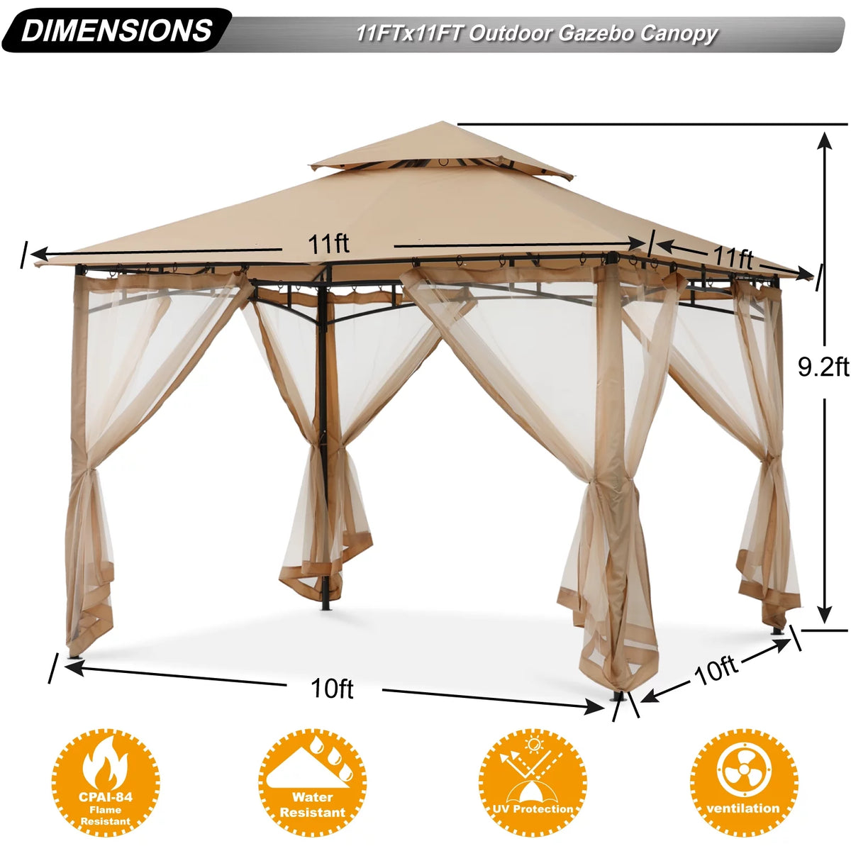 11'x11' Khaki Patio Gazebo with Mosquito Netting R82369