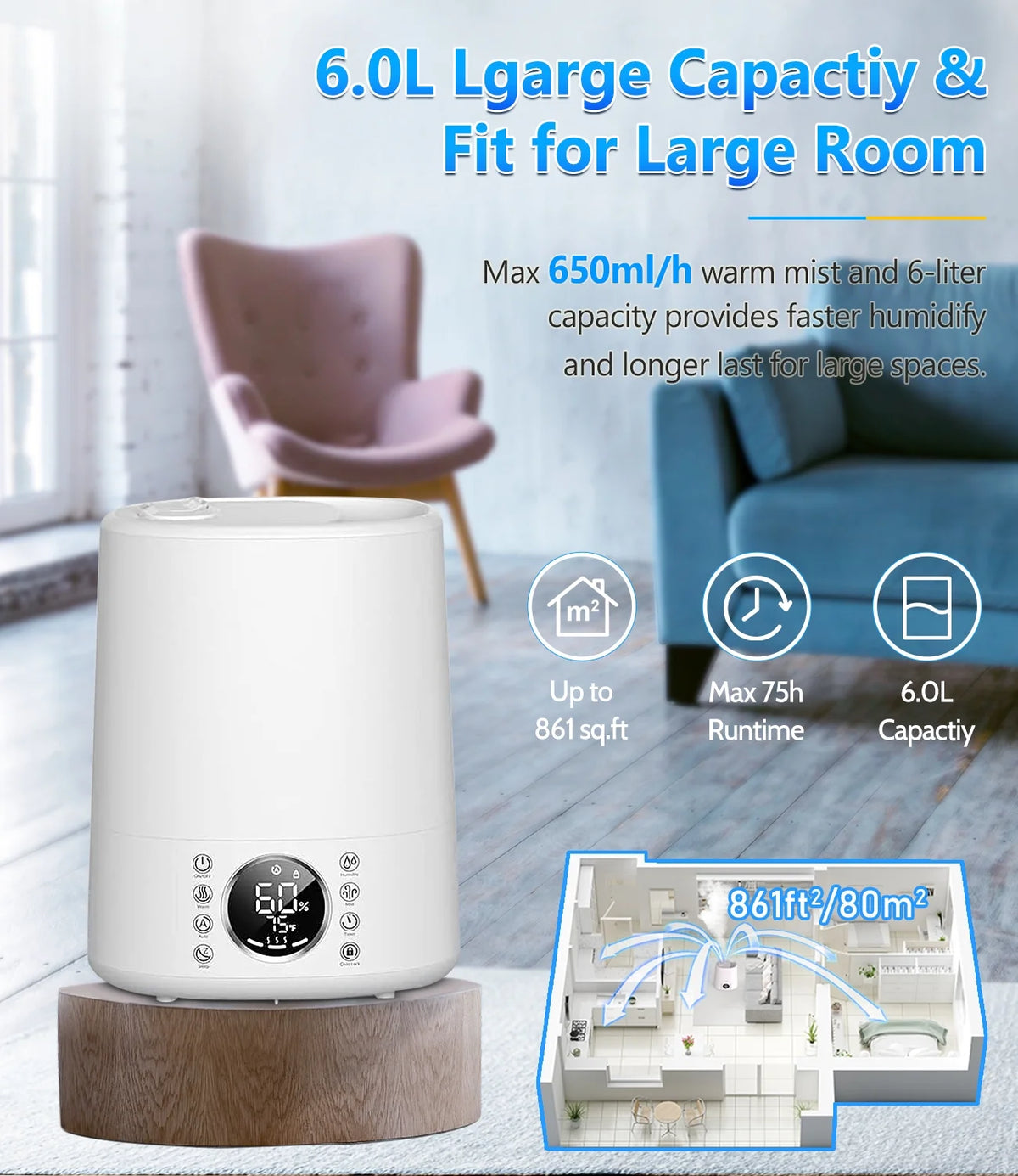 Warm and Cool Mist Top Fill Ultrasonic Humidifier with Remote M4194