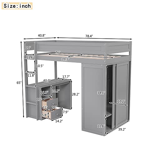 Full Size Gray Solid Wood Loft Bed with Wardrobe Desk and Shelves Q941714