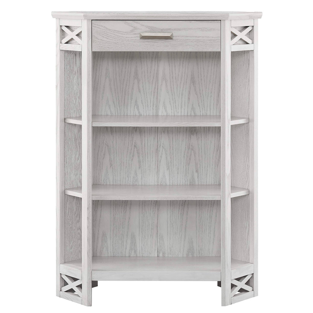 Weathered White 3-Shelf Corner Bookcase with Drawer Storage F85873