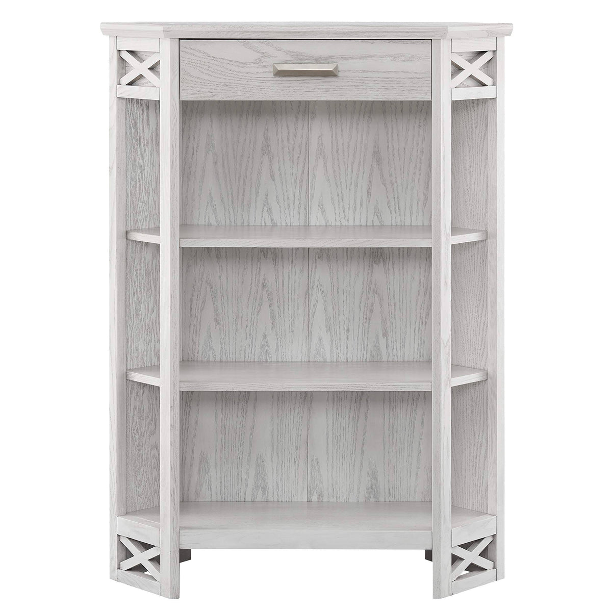 Weathered White 3-Shelf Corner Bookcase with Drawer Storage F85873