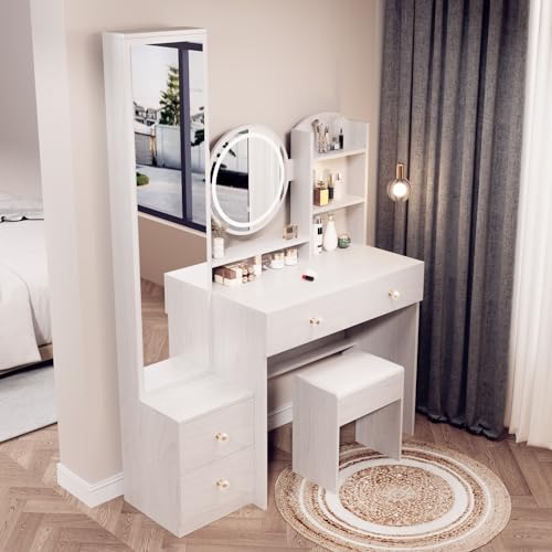 White Oak Makeup Vanity Set with Mirror and Stool I922310