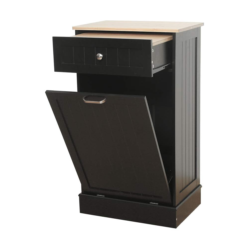 Black Wooden Tilt Out Trash Cabinet with Hideaway Drawer and Removable Bamboo Cutting Board R83040