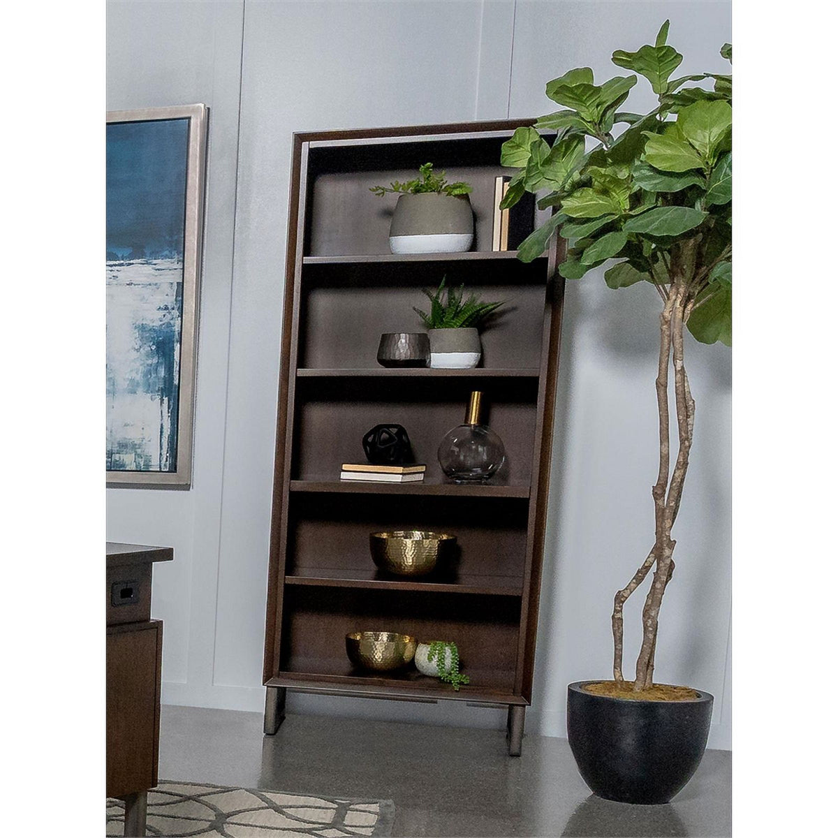 4-shelf Wood Bookcase Dark Walnut and Gunmetal Q927848