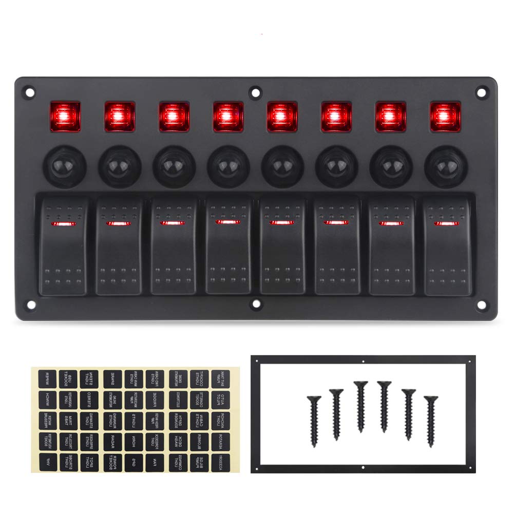 Red 8 Gang Waterproof Toggle Rocker Switch Panel with LED Indicator, Pack of 2 L892
