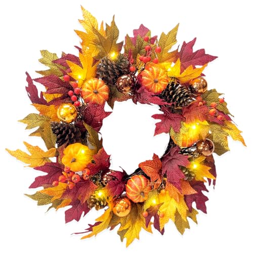 24" Fall Wreath with Pumpkins, Maple Leaves & Timer LED Lights O472