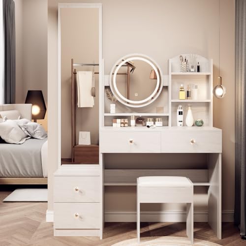 White Oak Makeup Vanity Set with Mirror and Stool I922310