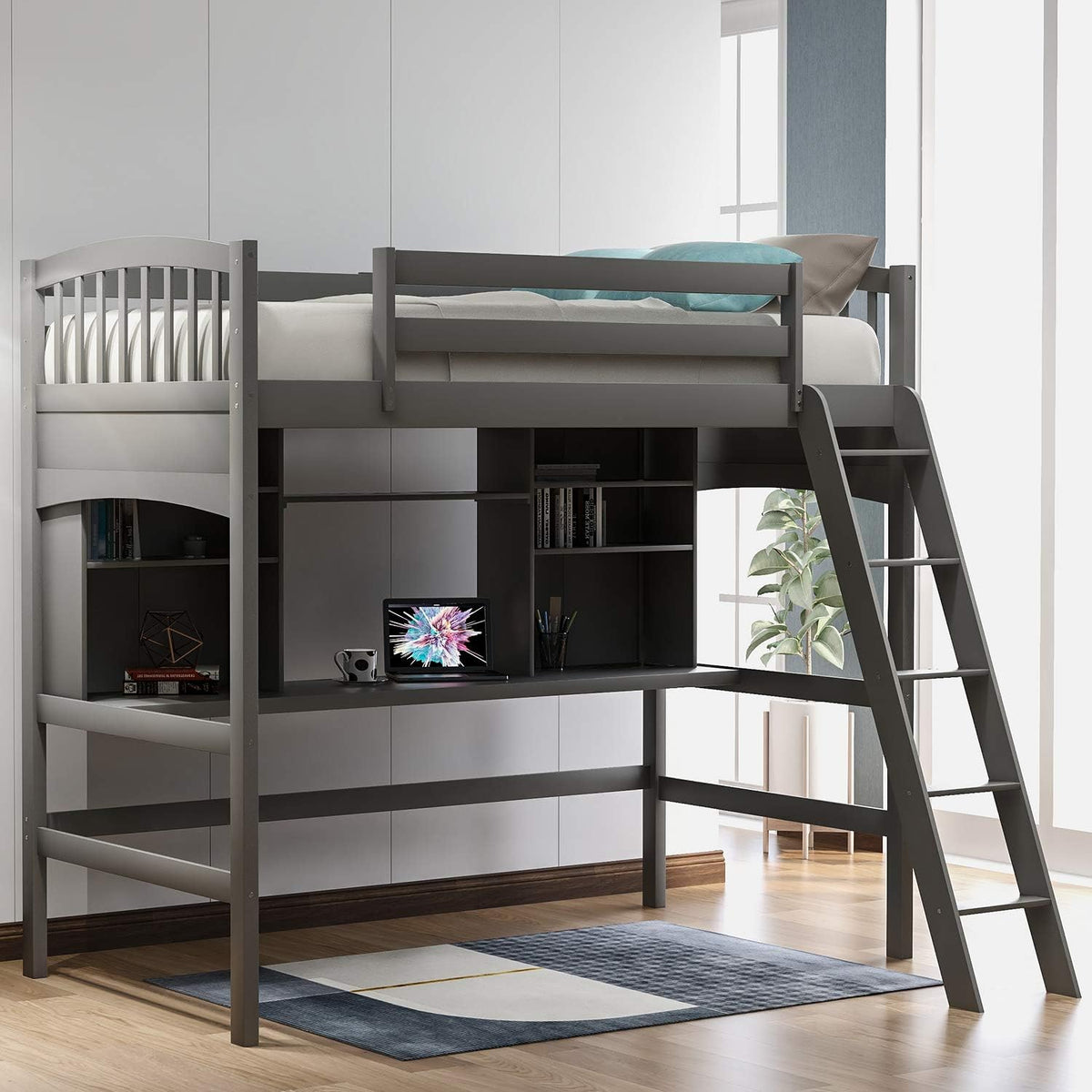 Solid Wood Twin Loft Bed with Desk and Bookshelf (Espresso) A354