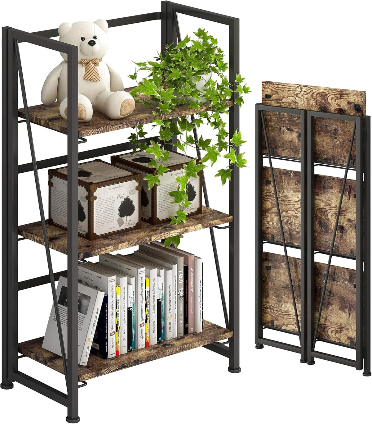 4 Tiers Folding Bookshelf Storage Shelves with 2 Drawers E645
