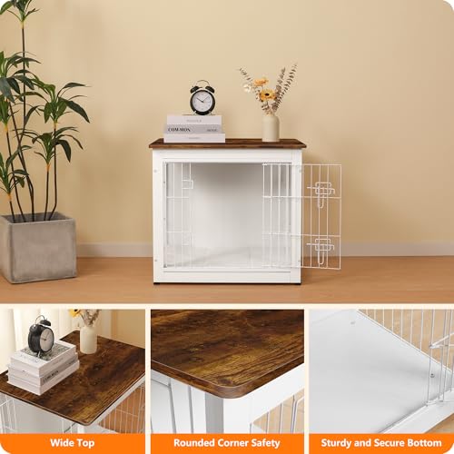 Dog Crate Furniture with Cushion, Wooden Kennel Table with Double Doors, Dark Gray I1682
