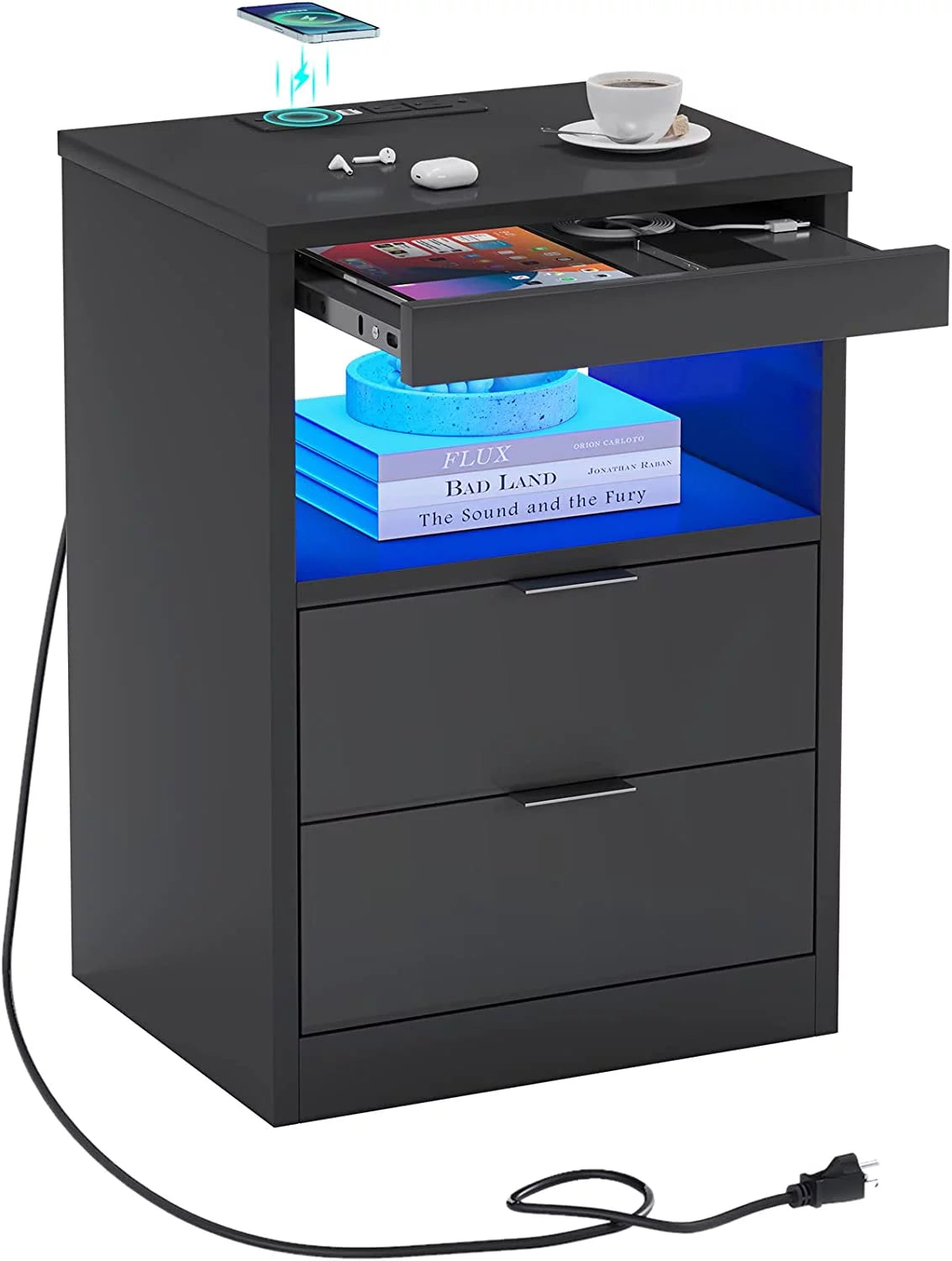 Black 2 Drawer Nightstand with Wireless Charging Station F92387