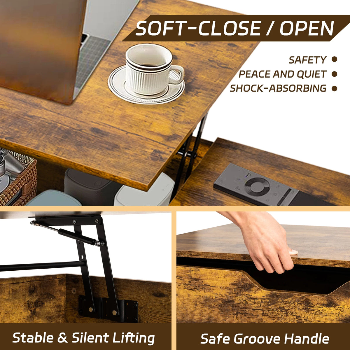 47" Dark Brown Wood Lift Top Coffee Table with Hidden Compartment G632749