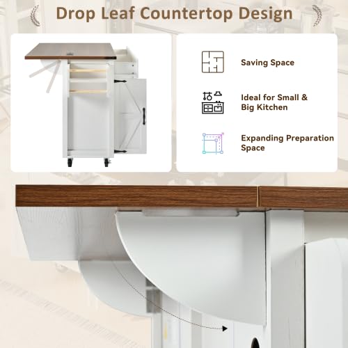 Black Kitchen Island with Storage Cabinet on Wheels, 53.5'' Mobile Kitchen Cart with Power Outlet, Drop Leaf, Spice Rack and Drawer V438