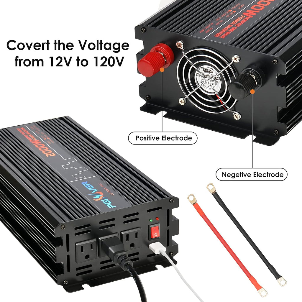 2000W Power Inverter DC 12V to AC 110V with Triple AC Outlets 1 USB Port D788