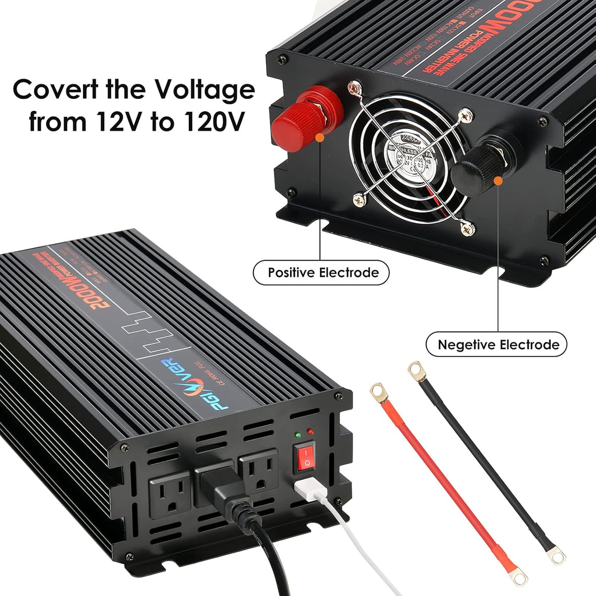 2000W Power Inverter DC 12V to AC 110V with Triple AC Outlets 1 USB Port D788