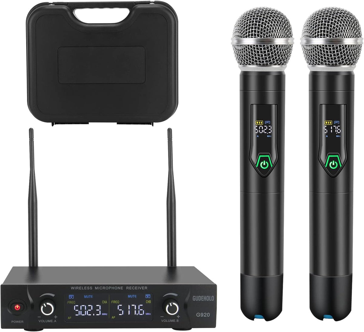 Wireless Microphone System, Metal UHF Dual Handheld 20 Channels Cordless Mic System U5088