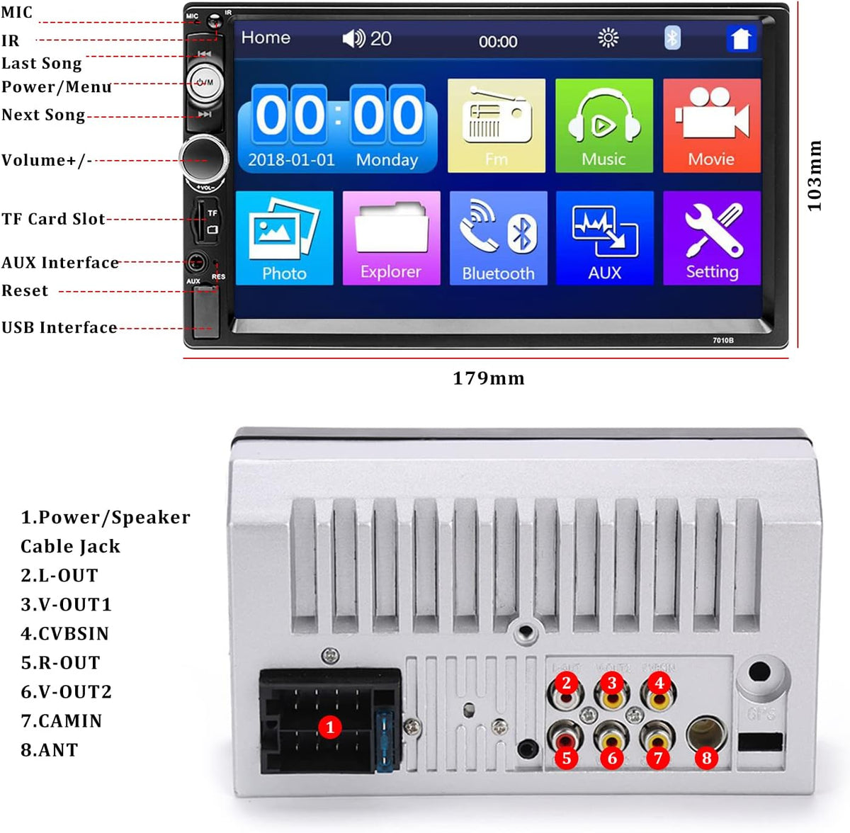 7 Inch Double Din Car Stereo with Bluetooth Touch Screen Car Radio MP5 Player B30608