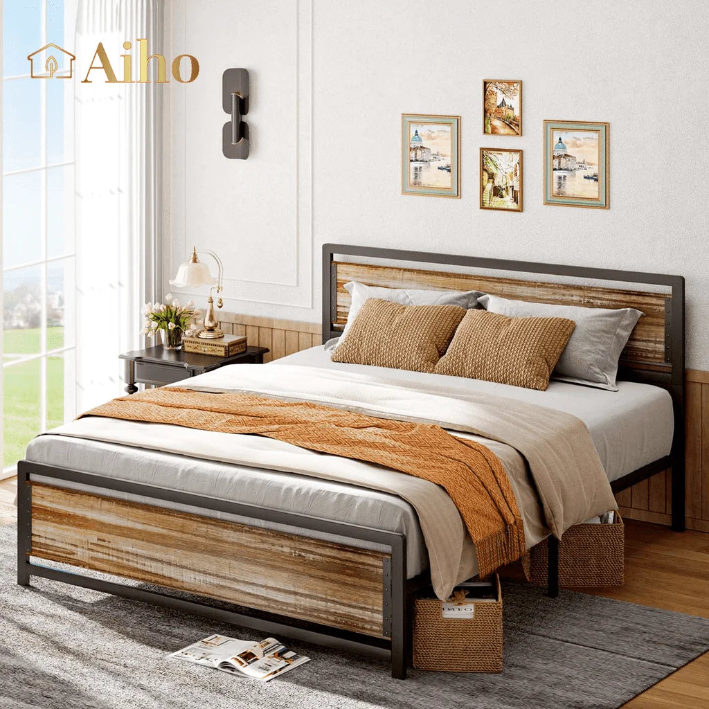 Queen Size Metal Platform Bed Frame with Wooden Headboard Footboard Brown X1432