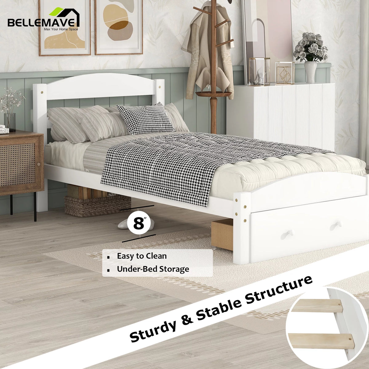 White Twin Solid Wood Bed Frame with Storage Drawer T304