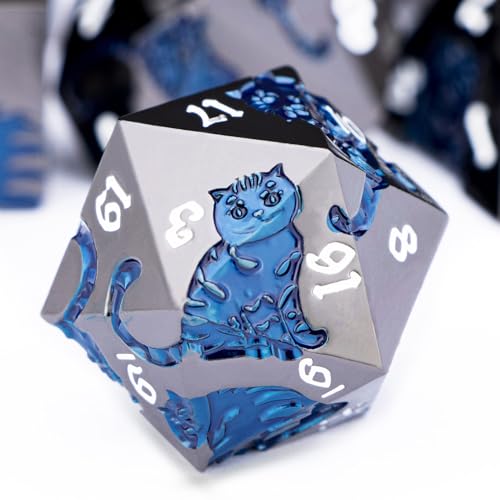 Metal DND Cat Dice 7PCS Polyhedral RPG Dice Set (Purple Yellow) V19777