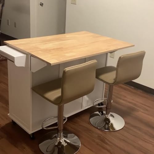 White Rolling Kitchen Island with Drop Leaf and Storage Cabinet D89623