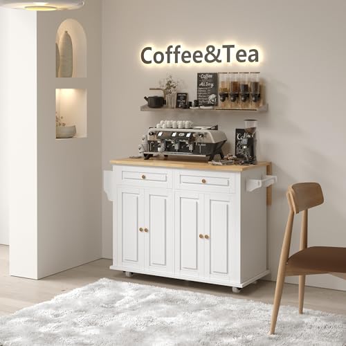 White Rolling Kitchen Island with Drop Leaf and Storage Cabinet D89623