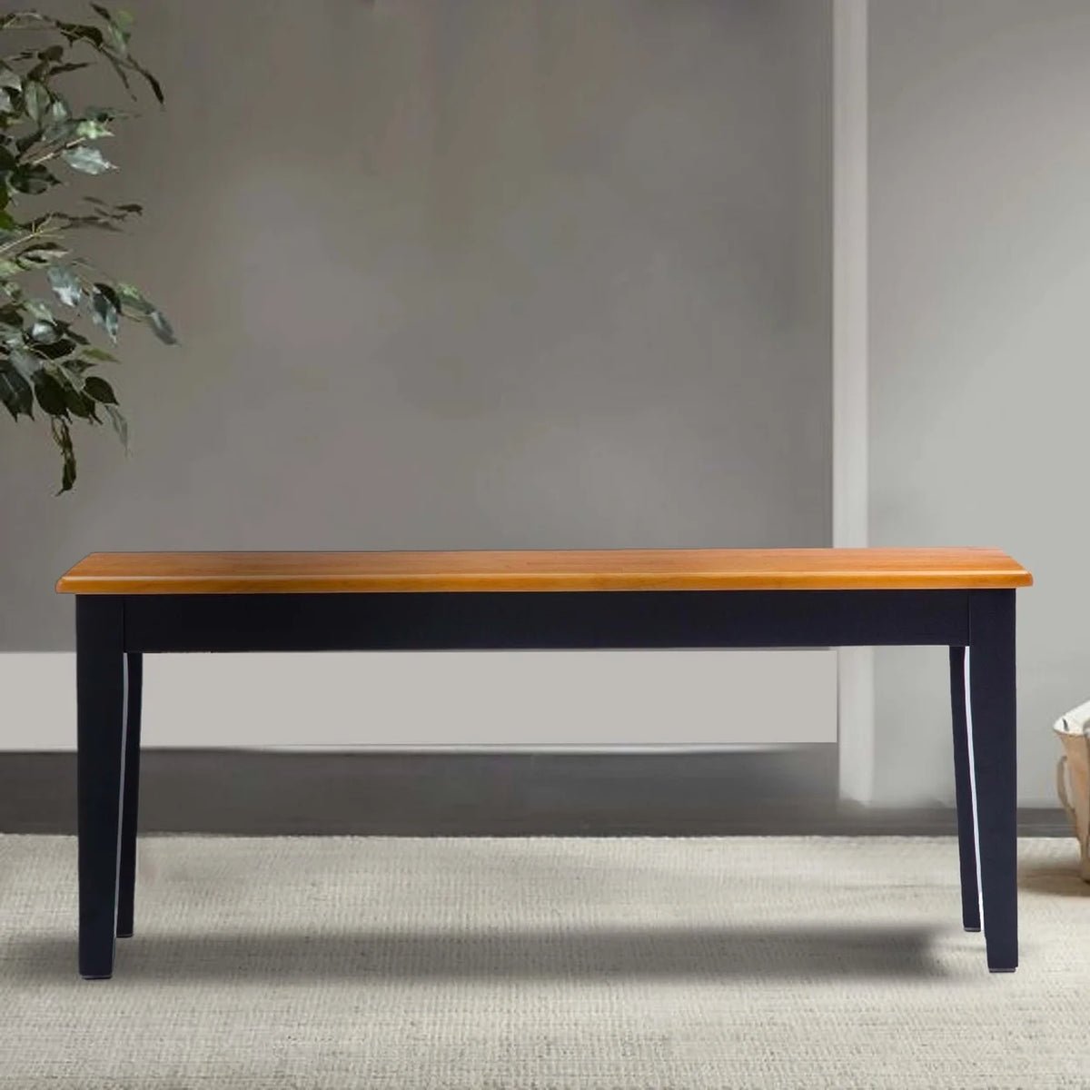 44 Inch Two Tone Dining Bench Tapered Legs Oak Jet Black Wood R341