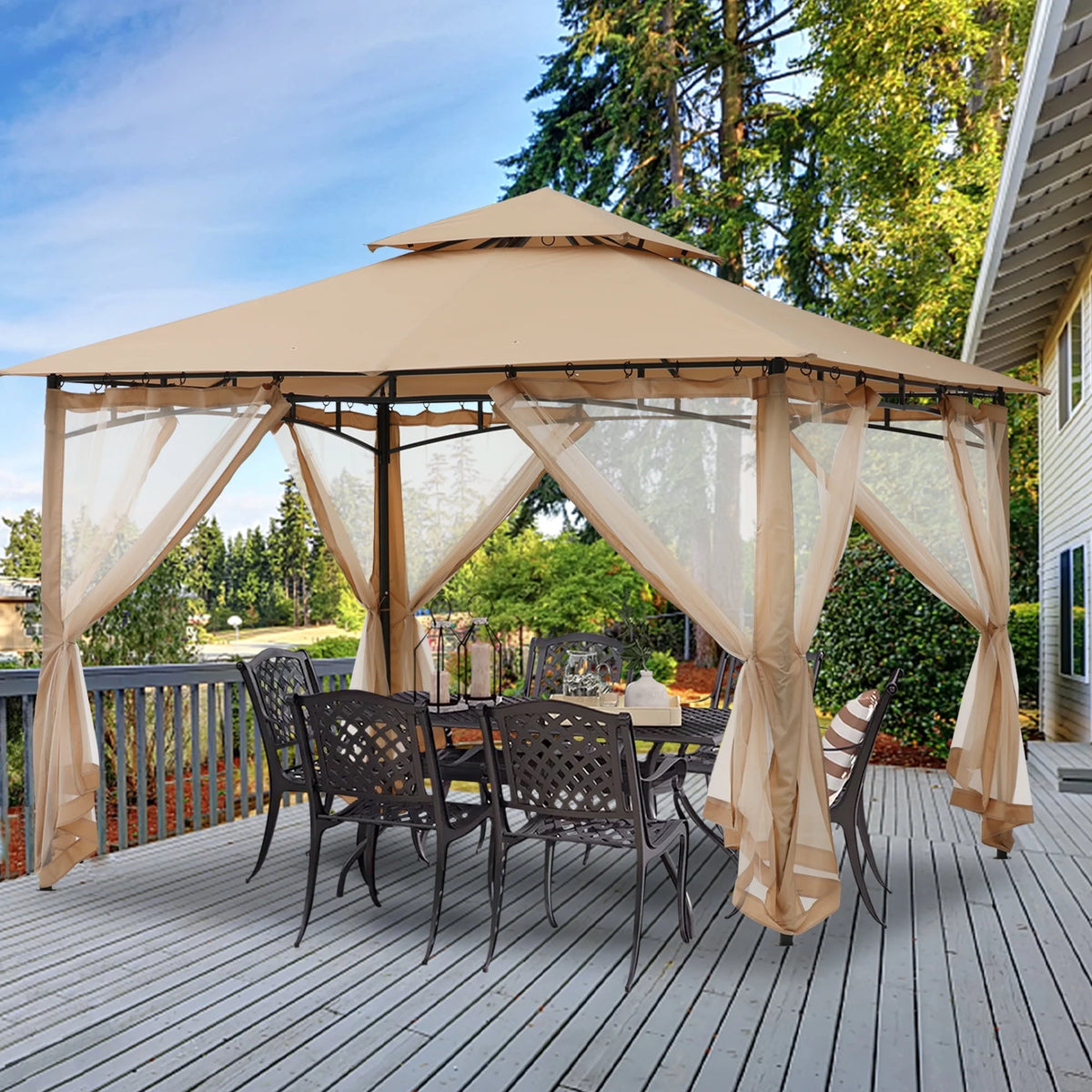 11'x11' Khaki Patio Gazebo with Mosquito Netting R82369