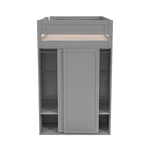 Full Size Gray Solid Wood Loft Bed with Wardrobe Desk and Shelves Q941714