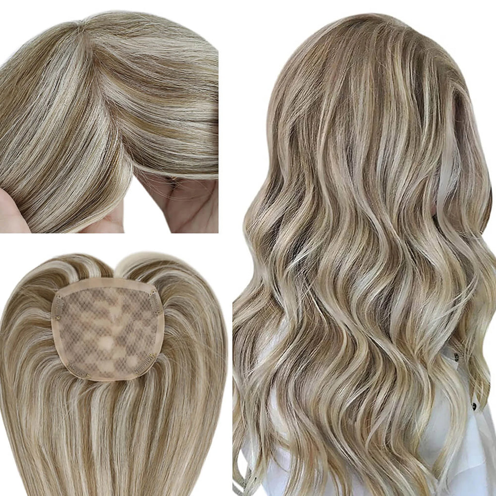 Light Brown Mixed Platinum Blonde Remy Human Hair Clip in Topper 16 inch F225