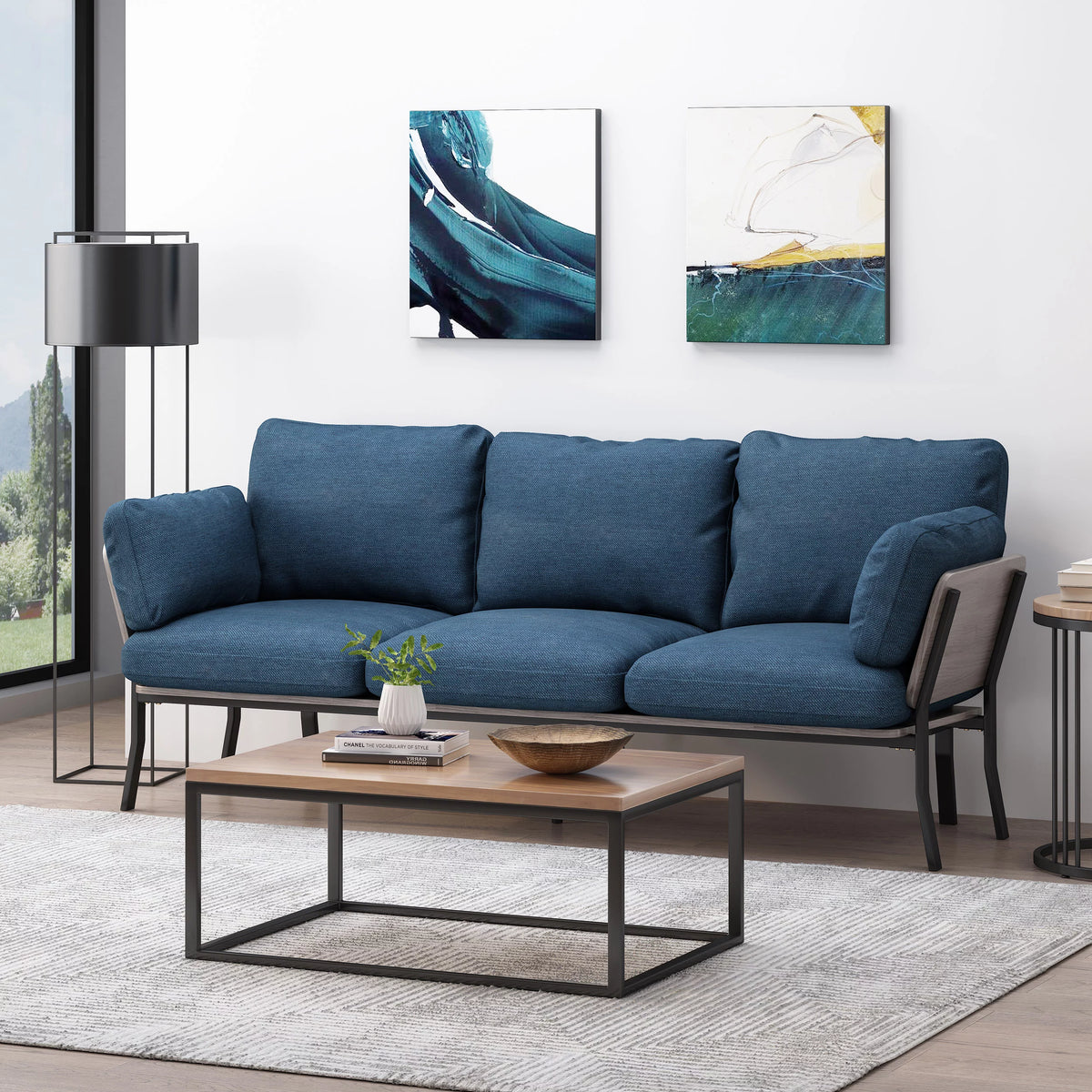 Navy Blue 3 Seater Wood Frame Sofa with Pillows L559