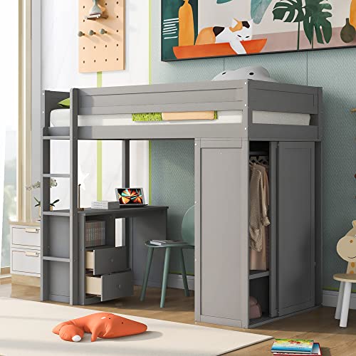 Full Size Gray Solid Wood Loft Bed with Wardrobe Desk and Shelves Q941714