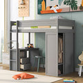 Full Size Gray Solid Wood Loft Bed with Wardrobe Desk and Shelves Q941714