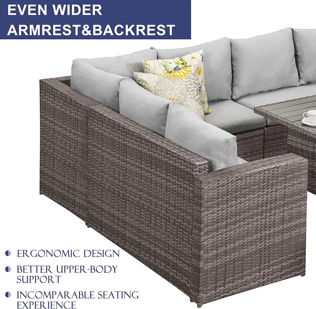 7 Piece Outdoor Dining Sectional Sofa with Dining Table and Chair Grey E713