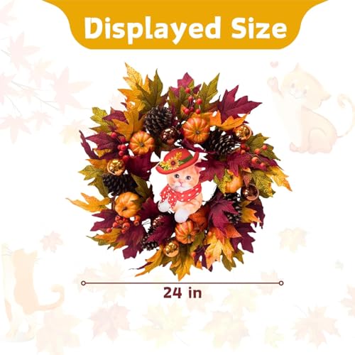24" Fall Wreath with Pumpkins, Maple Leaves & Timer LED Lights O472