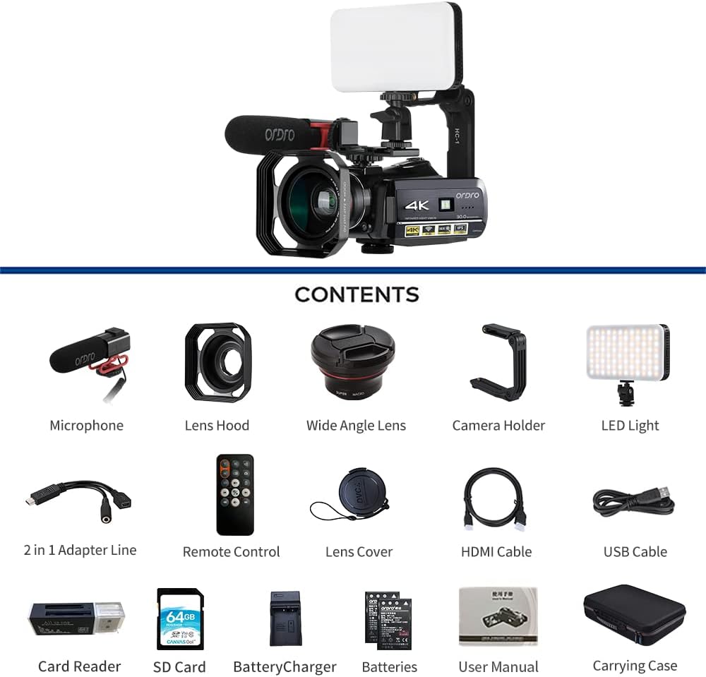 4K Camcorder with Directional Microphone and 64GB SD Card A3046