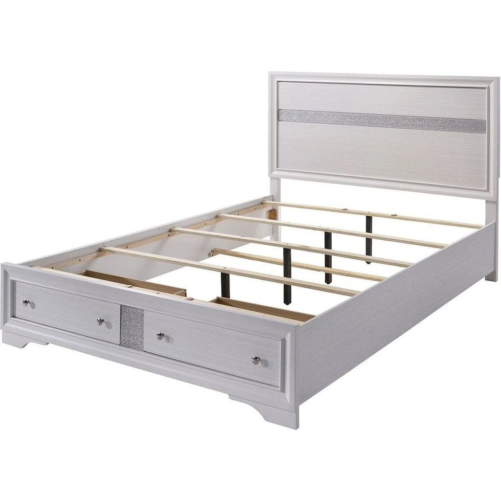 White Panel Design Eastern King Bed with Silver Accents N579